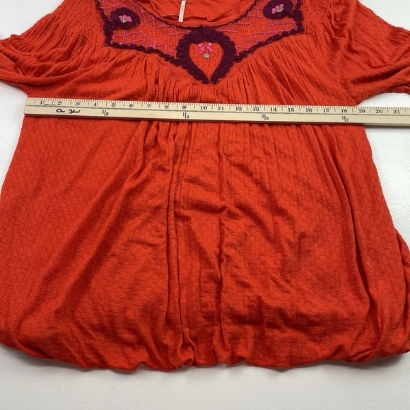 Free People Women Bohemian Peasant Top M Rust Orange Embroidered Long Sleeve - Picture 9 of 12